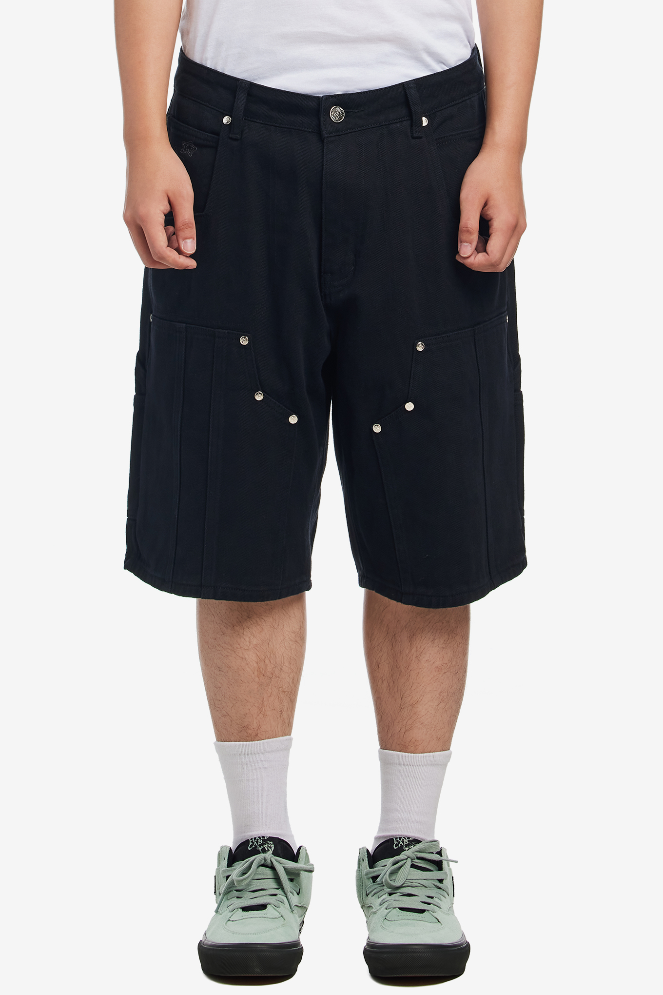 DOUBLE KNEE SEAM JEAN SHORTS-STAR TEAM-140000 | 웍스아웃