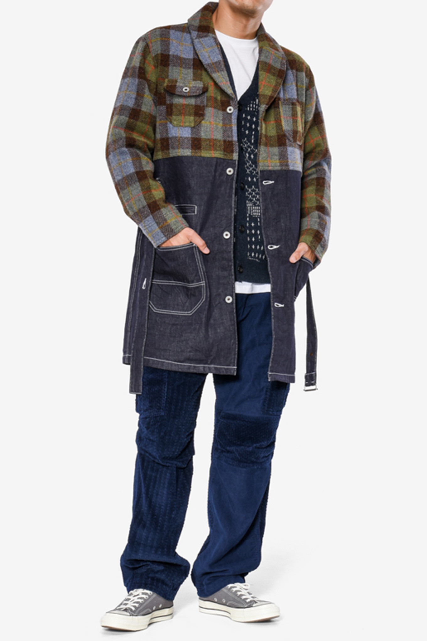 FDMTL HARRIS TWEED SHAWL COAT NAVY